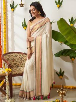 Teejh - Sahya Off White Zari Mul Cotton Saree