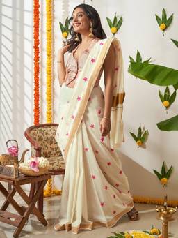 Teejh - Pookal Off White Floral Tassel Saree