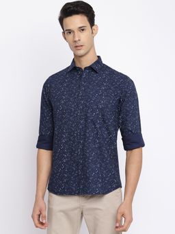 Cantabil - Spread Collar Printed Casual Navy Blue Shirt