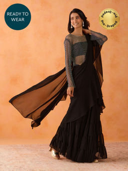 Gajra Gang - Rue de Ruffles Black Georgette Ready to Wear Ruffle Saree GGRRSAR01