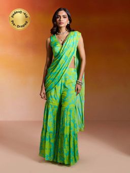 Gajra Gang - Lime Green Chinon Printed Sharara Saree with Blouse Nakhraali Nomads