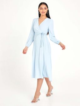 Styli - Blue Long Sleeves Pleated Detail A-line Midi Dress