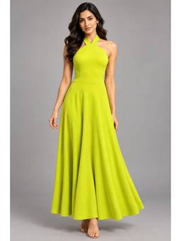 Twenty Dresses by Nykaa Fashion - Women Neon Green Solid Halter Neck A-Line Knitted Midi Dress