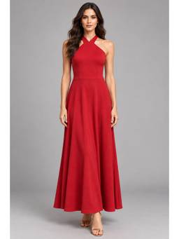 Twenty Dresses by Nykaa Fashion - Women Red Solid Halter Neck Fit and Flare Midi Dress