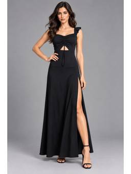 Twenty Dresses by Nykaa Fashion - Women Black Ruched Cut-Out Front-Slit Maxi Dress