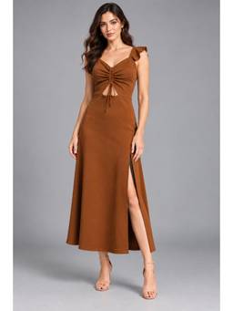 Twenty Dresses by Nykaa Fashion - Women Coffee Brown Solid Sleeveless Maxi Dress with Slit