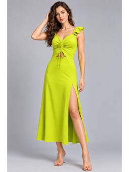 Twenty Dresses by Nykaa Fashion - Women Fluorescent Green Solid Cutout High-Slit Midi Dress