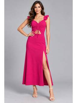 Twenty Dresses by Nykaa Fashion - Women Pink Ruched Cut-Out Front-Slit Maxi Dress