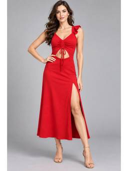Twenty Dresses by Nykaa Fashion - Women Red Solid Drawstring Detail Front Slit Midi Dress