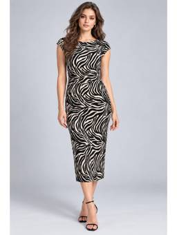 Twenty Dresses by Nykaa Fashion - Women Black & White Zebra Print Draped Cowl Neck Midi Dress