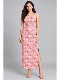 Twenty Dresses by Nykaa Fashion - Baby Pink Floral Halter Neck Midi Dress
