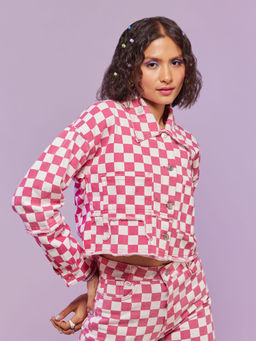 MIXT by Nykaa Fashion - Pink And White Checked Denim Jacket