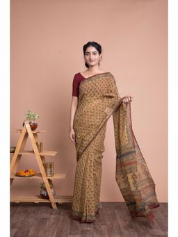 KISHORI - Bagru Print Booti Pattern Kota Doria Saree with Mulmul Cotton Unstitched Blouse - Brown