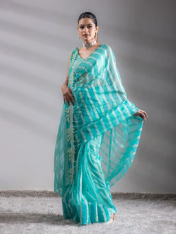Swtantra - Organza Aqua Hide & Seek Stripes Saree with Unstitched Blouse Fabric