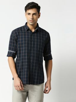 Dragon Hill - Full Sleeves Navy Blue Fine Twill Checked Shirt With Pocket