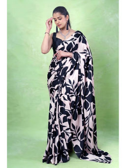 LooknBook Art - Black Satin Floral Saree With Unstitched Blouse