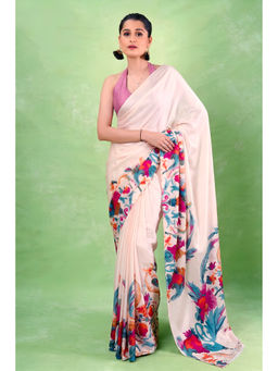 LooknBook Art - Cream Satin Floral Saree With Unstitched Blouse