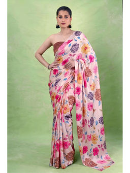 LooknBook Art - Mustard Satin Floral Saree With Unstitched Blouse