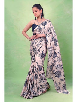LooknBook Art - Off White Satin Floral Saree With Unstitched Blouse