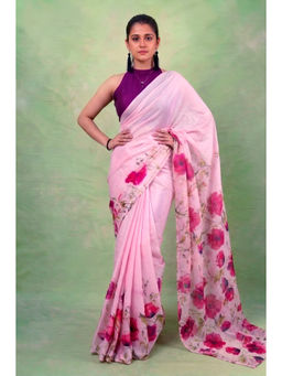 LooknBook Art - Pink Satin Floral Saree With Unstitched Blouse
