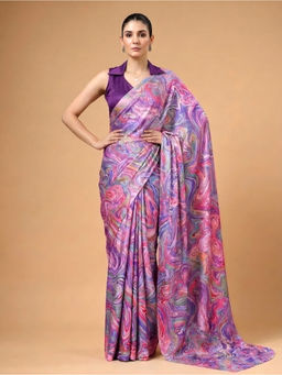 LooknBook Art - Lavender Satin Printed Saree With Unstitched Blouse