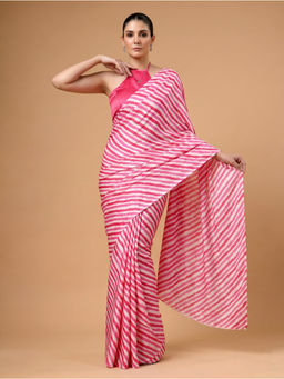 LooknBook Art - Pink Satin Stripes Saree With Unstitched Blouse