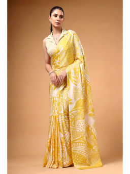 LooknBook Art - Yellow Satin Printed Saree With Unstitched Blouse