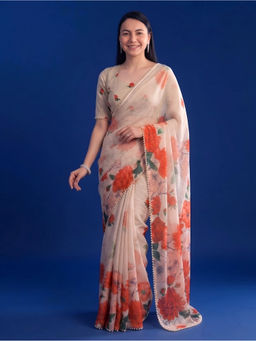 LooknBook Art - Off White Georgette Floral Saree With Unstitched Blouse