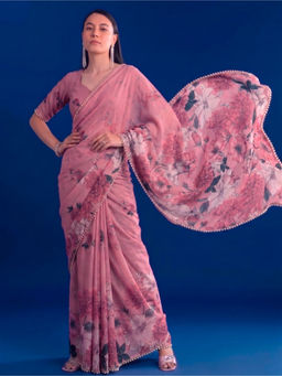 LooknBook Art - Peach Georgette Floral Saree With Unstitched Blouse