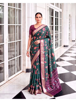 LooknBook Art - Teal Silk Floral Saree With Unstitched Blouse