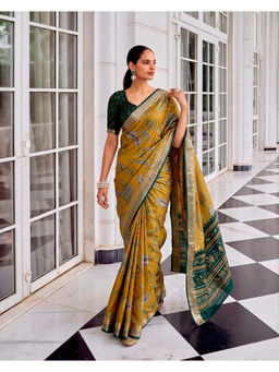 LooknBook Art - Mustard Silk Floral Saree With Unstitched Blouse