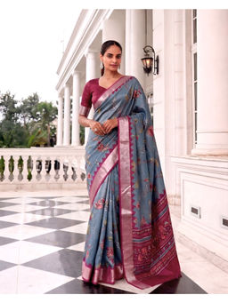 LooknBook Art - Grey Silk Floral Saree With Unstitched Blouse