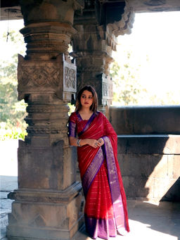 LooknBook Art - Red Crepe Woven Saree With Unstitched Blouse