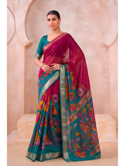 LooknBook Art - Pink Cotton Blend Floral Saree With Unstitched Blouse