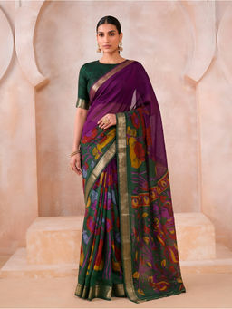 LooknBook Art - Purple Cotton Blend Floral Saree With Unstitched Blouse