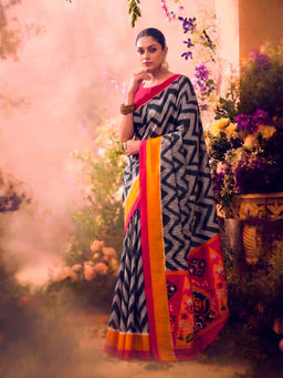 LooknBook Art - Black Silk Geometric Saree With Unstitched Blouse