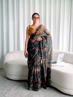 LooknBook Art - Black Poly Silk Floral Saree With Unstitched Blouse