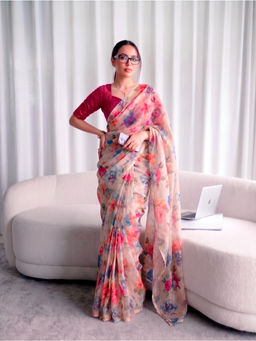 LooknBook Art - Cream Poly Silk Floral Saree With Unstitched Blouse