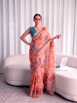 LooknBook Art - Peach Poly Silk Floral Saree With Unstitched Blouse
