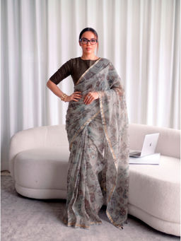 LooknBook Art - Green Poly Silk Floral Saree With Unstitched Blouse