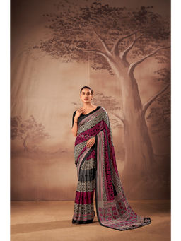 LooknBook Art - Black Polycotton Printed Saree With Unstitched Blouse