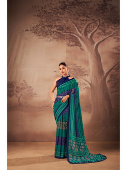 LooknBook Art - Teal Polycotton Printed Saree With Unstitched Blouse