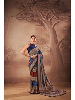 LooknBook Art - Navy Blue Polycotton Printed Saree With Unstitched Blouse