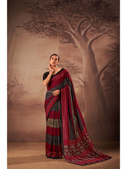LooknBook Art - Red Polycotton Printed Saree With Unstitched Blouse