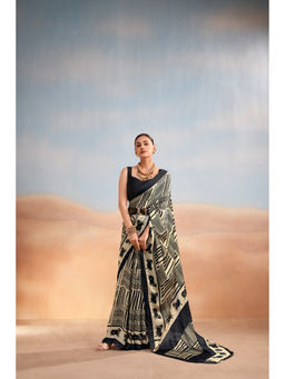 LooknBook Art - Black Satin Printed Saree With Unstitched Blouse