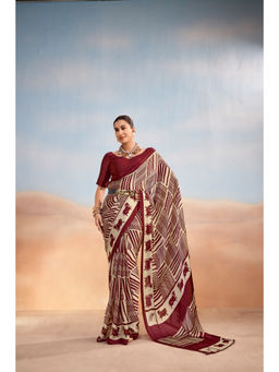 LooknBook Art - Maroon Satin Printed Saree With Unstitched Blouse
