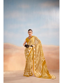 LooknBook Art - Mustard Satin Printed Saree With Unstitched Blouse