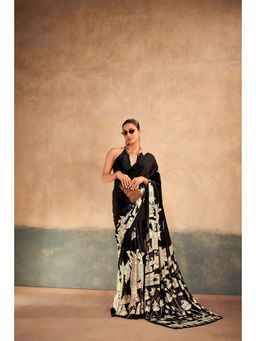 LooknBook Art - Black Satin Floral Saree With Unstitched Blouse