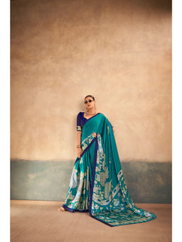 LooknBook Art - Teal Satin Printed Saree With Unstitched Blouse