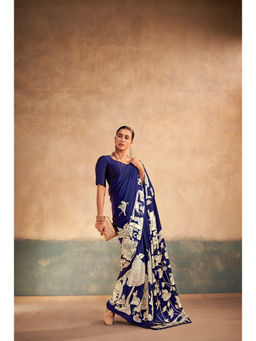 LooknBook Art - Navy Blue Satin Printed Saree With Unstitched Blouse